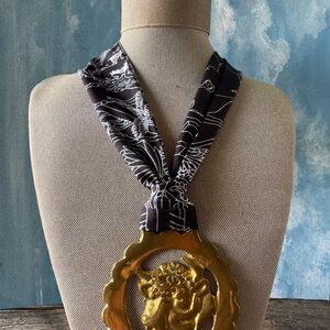 Black and White Graphic Scarf Necklace with Statement Gold Pendant